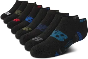 New Balance Kids' Performance Cushioned No Show Socks-8 Pairs-Breathable Mesh Arch Support, Black (Red Logo), Shoe Size: 2-9