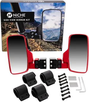 NICHE UTV Side View Mirror Set with 1.75" - 2" Roll Bar Cage for Polaris RZR Kawasaki Teryx Mule Pioneer Yamaha Rhino (Red)