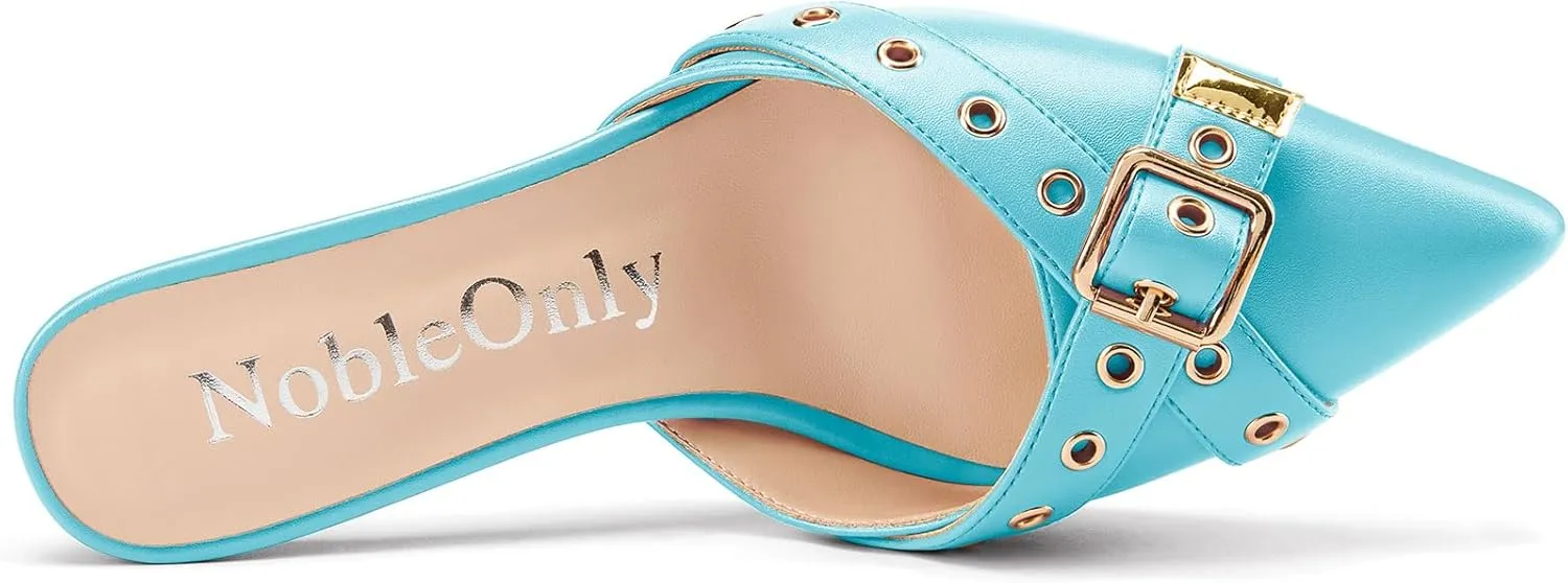 NobleOnly Kitten Heels for Women - Close Pointed Toe Mule Heels, Studded Slip On Party Dress Pumps, 2.6 Inches