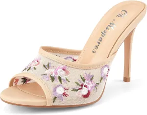 Oh Mispares Heeled Mules for Women High Heel Floral Sandals Mesh Embroidered Stiletto Slip-on Open Toe Elegant Dress Shoes for Wedding Prom Party