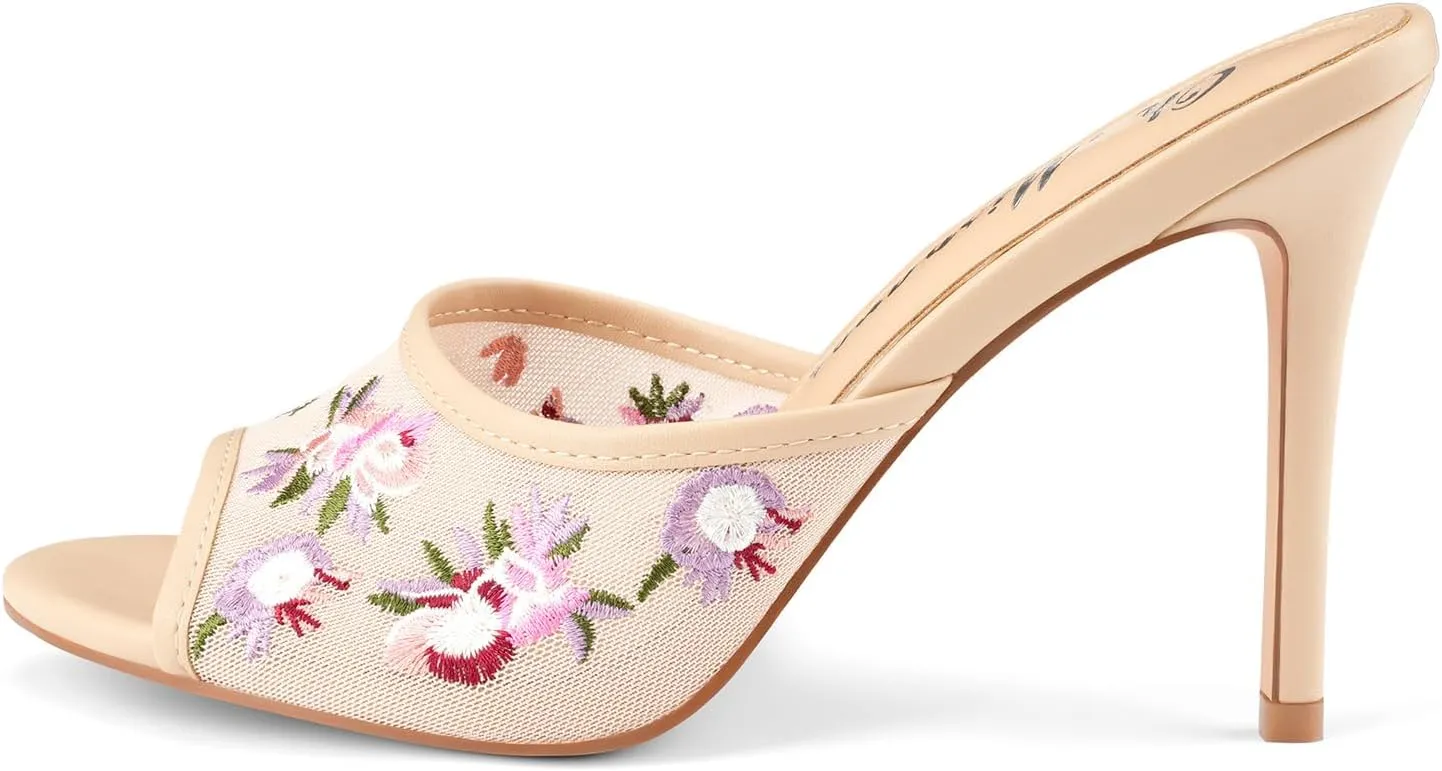 Oh Mispares Heeled Mules for Women High Heel Floral Sandals Mesh Embroidered Stiletto Slip-on Open Toe Elegant Dress Shoes for Wedding Prom Party