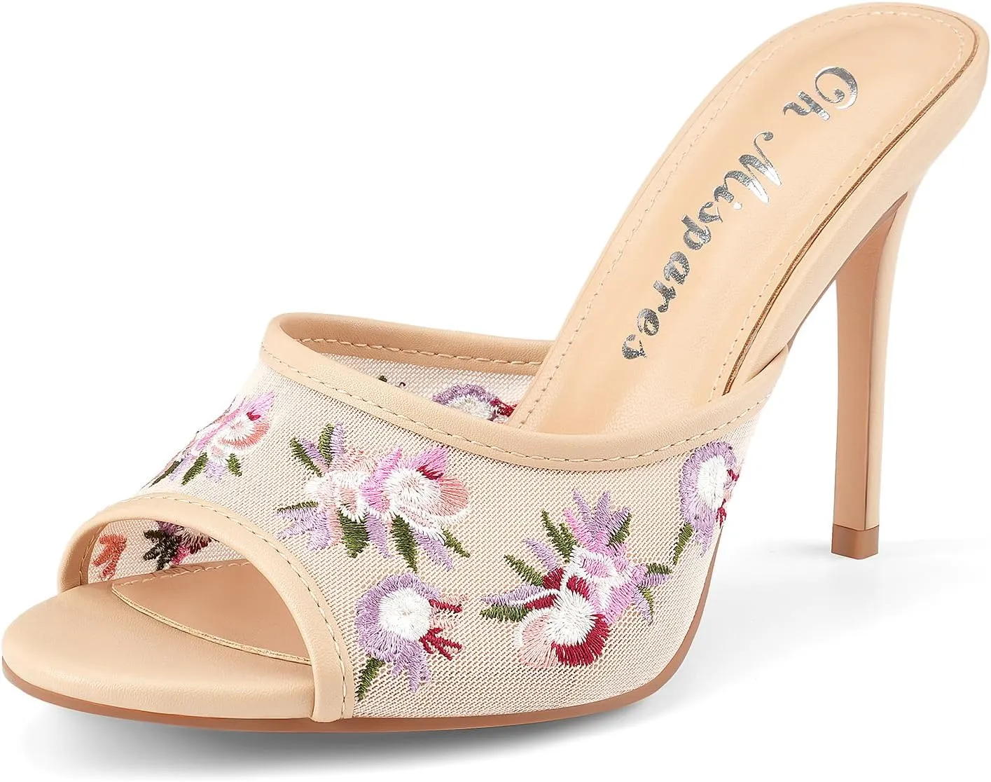 Oh Mispares Heeled Mules for Women High Heel Floral Sandals Mesh Embroidered Stiletto Slip-on Open Toe Elegant Dress Shoes for Wedding Prom Party