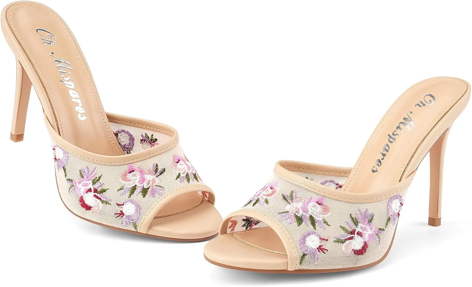 Oh Mispares Heeled Mules for Women High Heel Floral Sandals Mesh Embroidered Stiletto Slip-on Open Toe Elegant Dress Shoes for Wedding Prom Party