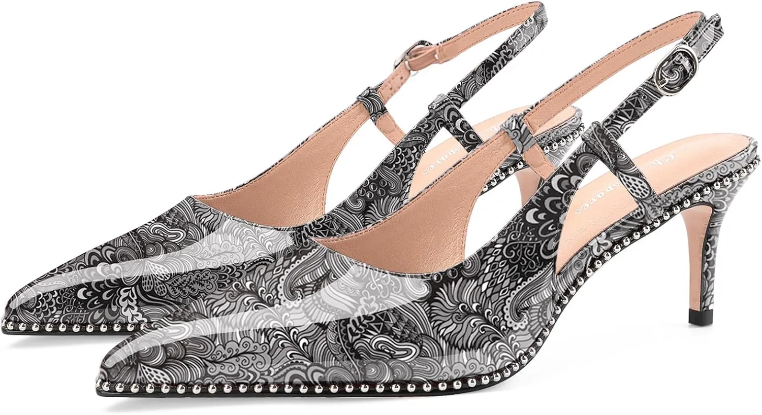 Oh Mispares Slingback Heels for Women Pointed Toe Stiletto Pumps Adjustable Strap Buckle 3 Inch Beaded Dress Shoes Wedding Prom Work Office