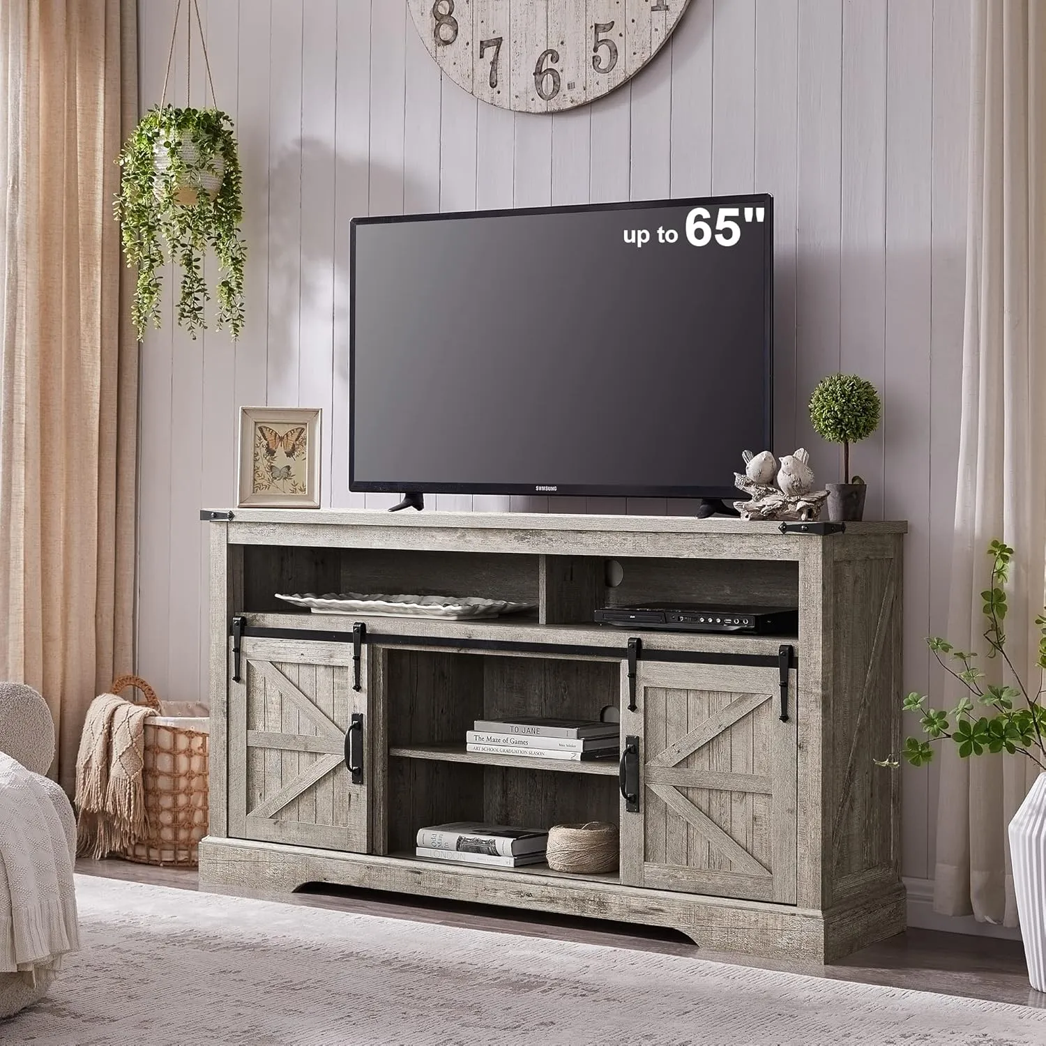 OKD Farmhouse TV Stand for 65  Inch TV, 33" Tall Highboy Entertainment Center w/Sliding Barn Door, Rustic Media Console w/Storage Shelves, Wood Television Stand for Living Room, Light Rustic Oak