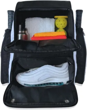OLYMPIAN Dual Pickleball Backpack for Women and Men Hold 6  Racket Paddles Quick Access Side Pocket X-Large Main Compartment Ventilated Shoe Storage, Water Resistant, Pickleball Balls Holder Geminate