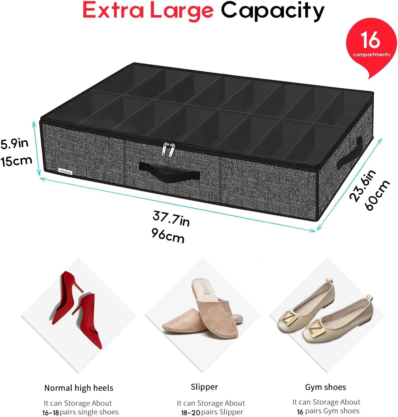 Onlyeasy Sturdy Under Bed Shoe Storage Organizer Fit 16 Pairs, Collapsible Closet Underbed Shoes Container Bags with Reinforced Handles, 37.7x23.6x5.9in, Linen-like Black, MXAUBS16P1