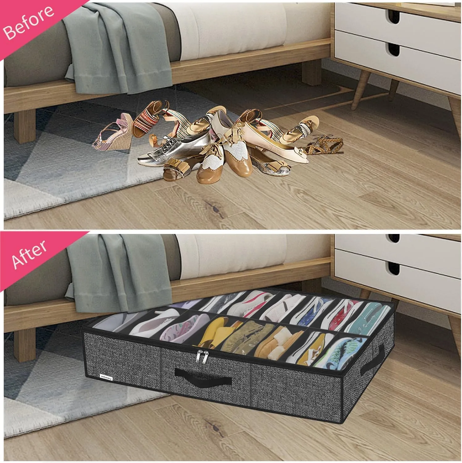 Onlyeasy Sturdy Under Bed Shoe Storage Organizer Fit 16 Pairs, Collapsible Closet Underbed Shoes Container Bags with Reinforced Handles, 37.7x23.6x5.9in, Linen-like Black, MXAUBS16P1