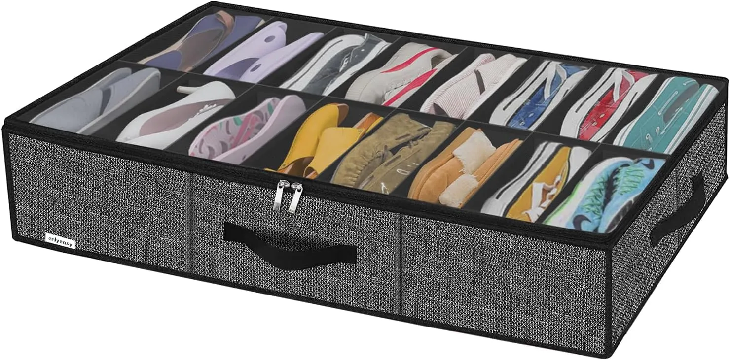 Onlyeasy Sturdy Under Bed Shoe Storage Organizer Fit 16 Pairs, Collapsible Closet Underbed Shoes Container Bags with Reinforced Handles, 37.7x23.6x5.9in, Linen-like Black, MXAUBS16P1