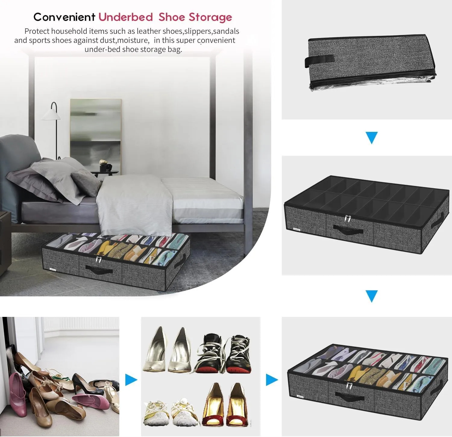 Onlyeasy Sturdy Under Bed Shoe Storage Organizer Fit 16 Pairs, Collapsible Closet Underbed Shoes Container Bags with Reinforced Handles, 37.7x23.6x5.9in, Linen-like Black, MXAUBS16P1