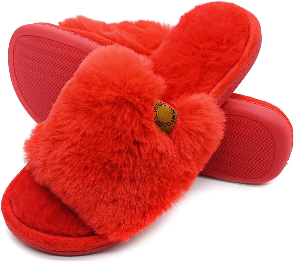 Onmygogo Indoor Slippers for Women Open Toe with Memory Foam, Soft Faux Fur Nonslip House Slippers