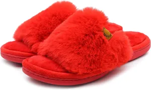 Onmygogo Indoor Slippers for Women Open Toe with Memory Foam, Soft Faux Fur Nonslip House Slippers