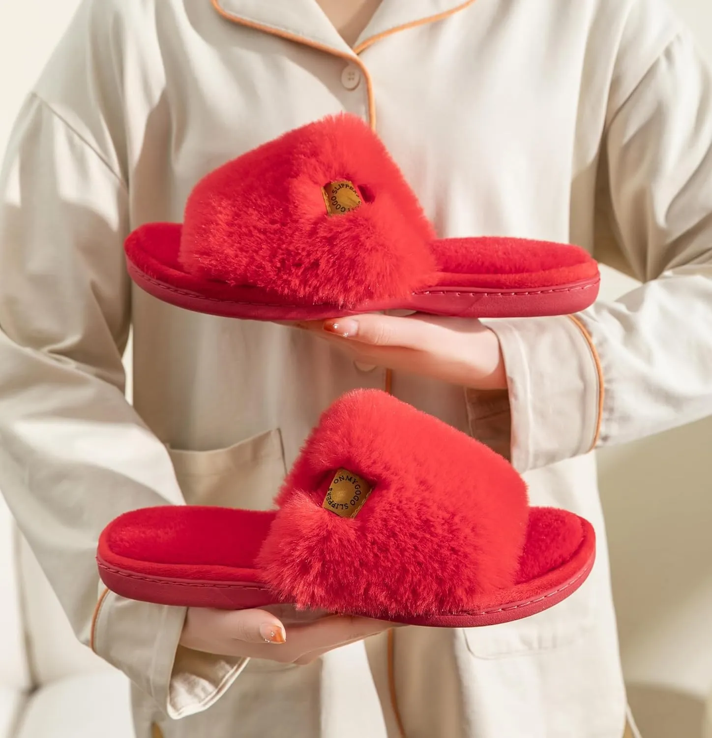 Onmygogo Indoor Slippers for Women Open Toe with Memory Foam, Soft Faux Fur Nonslip House Slippers