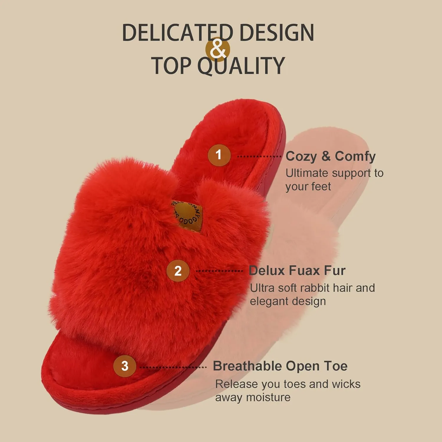 Onmygogo Indoor Slippers for Women Open Toe with Memory Foam, Soft Faux Fur Nonslip House Slippers