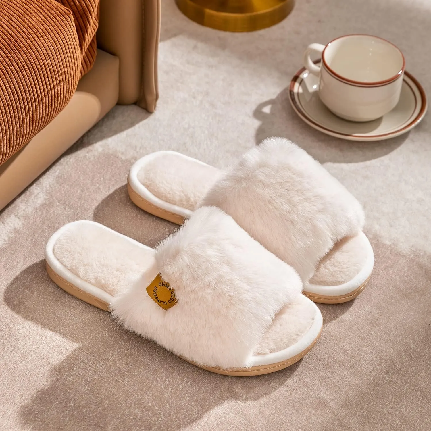 Onmygogo Indoor Slippers for Women Open Toe with Memory Foam, Soft Faux Fur Nonslip House Slippers