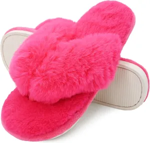 Onmygogo Plush Indoor Flip Flop Thong Slippers for Women Open Toe, Fuzzy Faux Fur Spa House Slippers