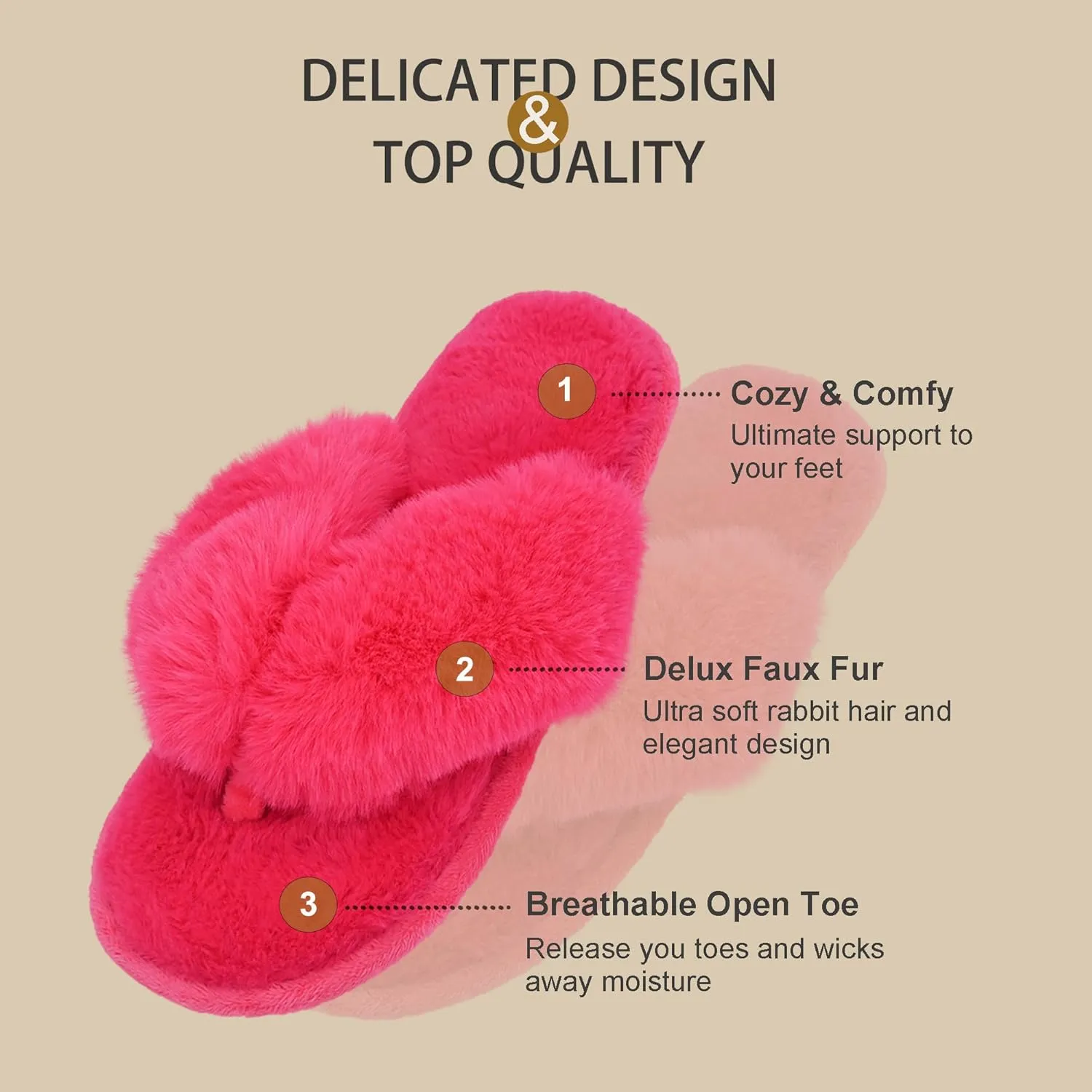 Onmygogo Plush Indoor Flip Flop Thong Slippers for Women Open Toe, Fuzzy Faux Fur Spa House Slippers