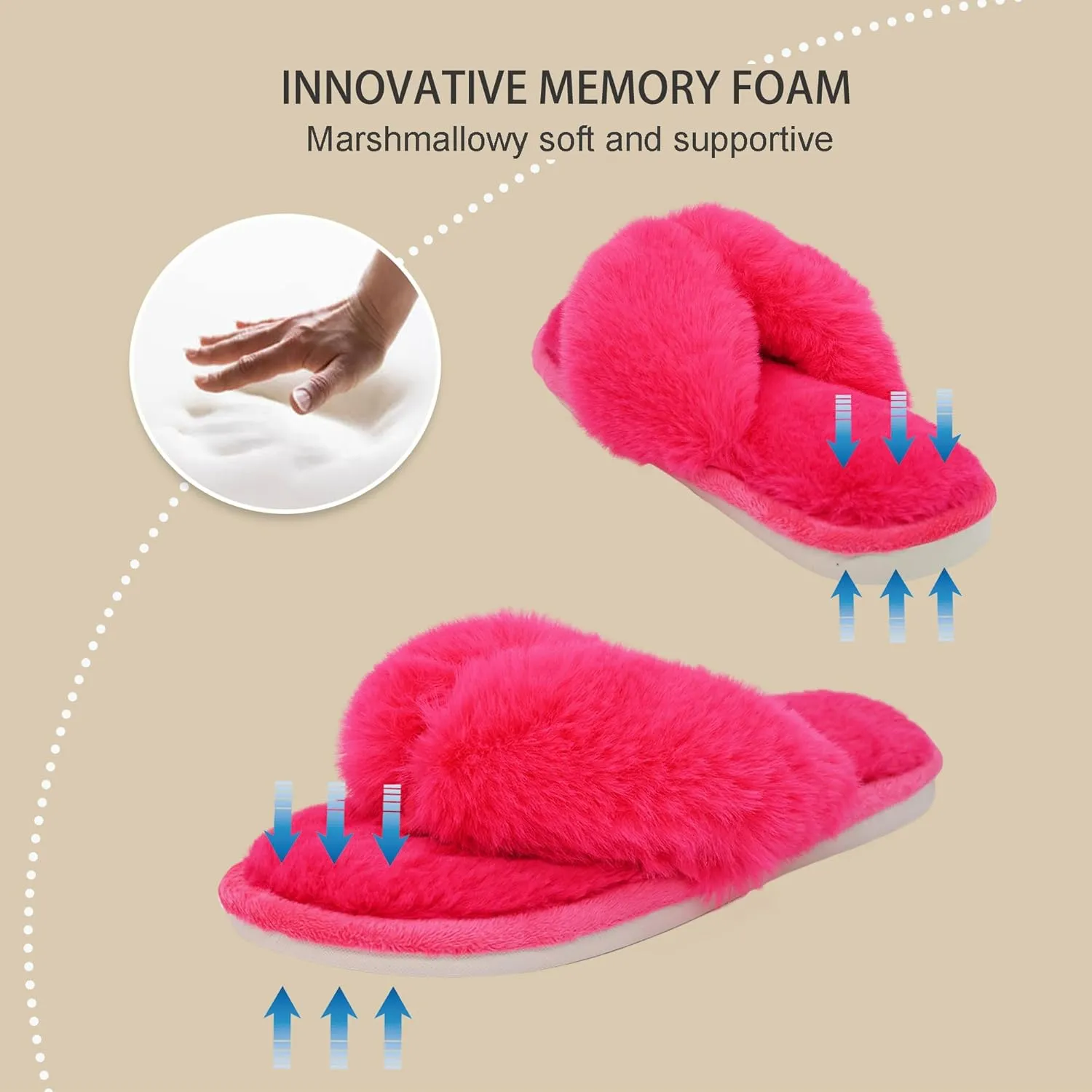 Onmygogo Plush Indoor Flip Flop Thong Slippers for Women Open Toe, Fuzzy Faux Fur Spa House Slippers