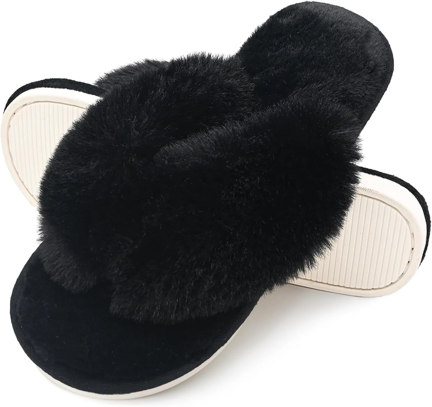 Onmygogo Plush Indoor Flip Flop Thong Slippers for Women Open Toe, Fuzzy Faux Fur Spa House Slippers