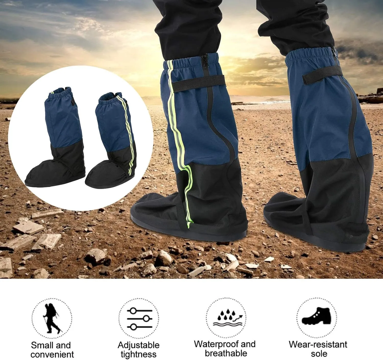 Outdoor Tube All Wrap Sandproof Shoe Covers for Hiking with Sole Texture and Night Reflective Band, Includes Net for Storage