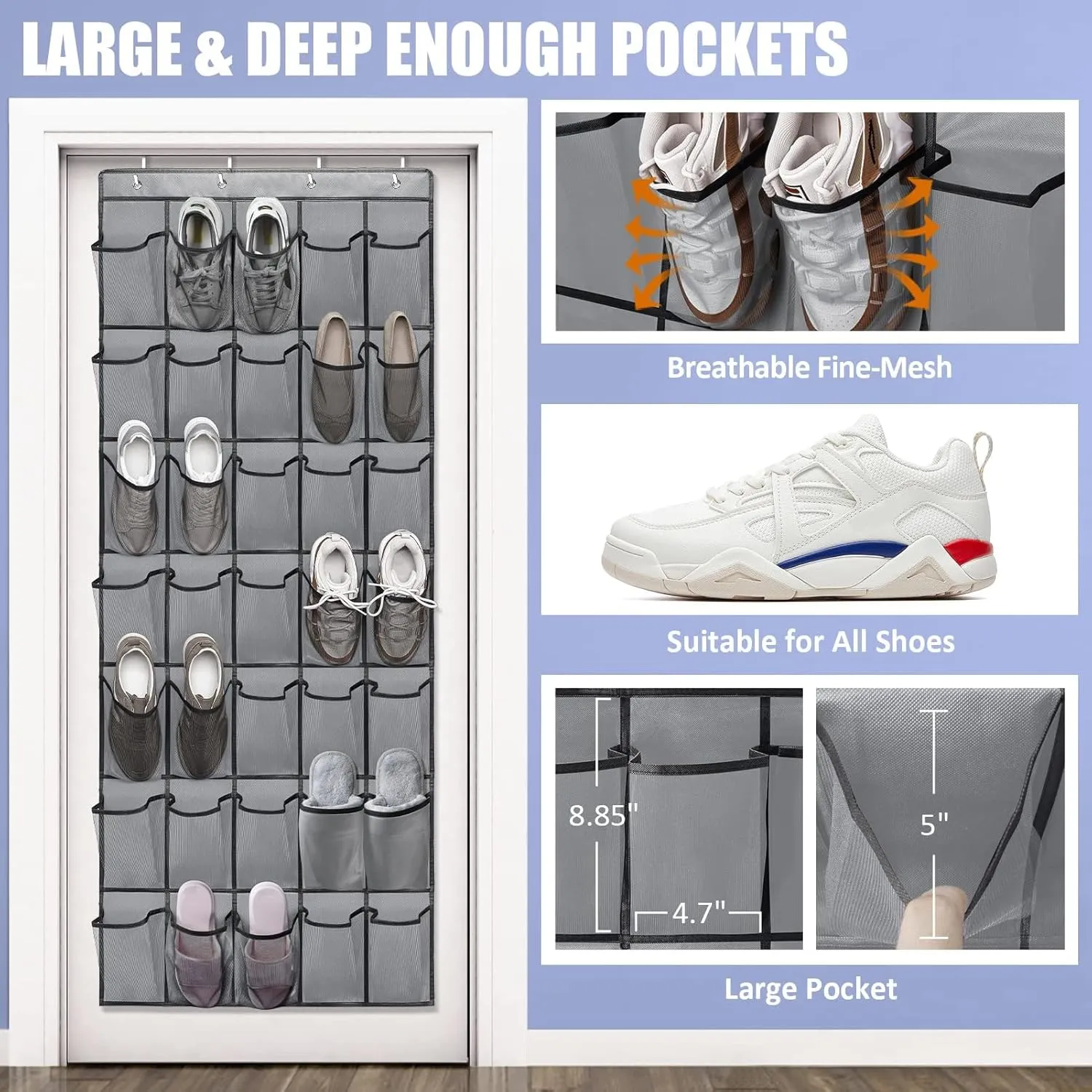 Over the Door Shoe Organizers 35 Mesh Pockets Hanging Shoe Organizer Shoe Rack for Closet Entryway Bedroom Bathroom Pantry Shoe Holder for Men Sneakers, Women High Heeled Shoes, flip flops Gray