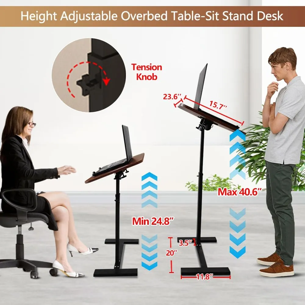 Overbed Table, Tilting Over The Bed Table with Hidden Wheels, Adjustable Bedside Table and Rolling Bed Table Tray - Hospital Table Over Bed for Home Use - Tilt Walnut