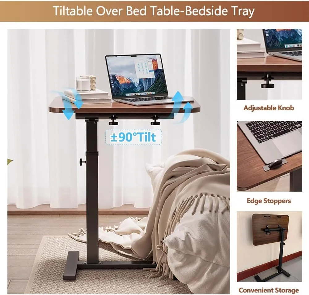 Overbed Table, Tilting Over The Bed Table with Hidden Wheels, Adjustable Bedside Table and Rolling Bed Table Tray - Hospital Table Over Bed for Home Use - Tilt Walnut