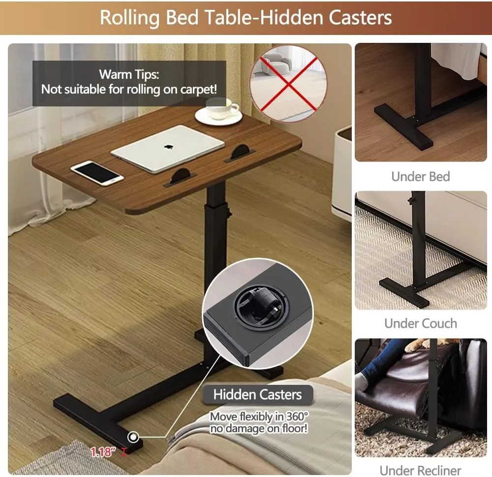Overbed Table, Tilting Over The Bed Table with Hidden Wheels, Adjustable Bedside Table and Rolling Bed Table Tray - Hospital Table Over Bed for Home Use - Tilt Walnut