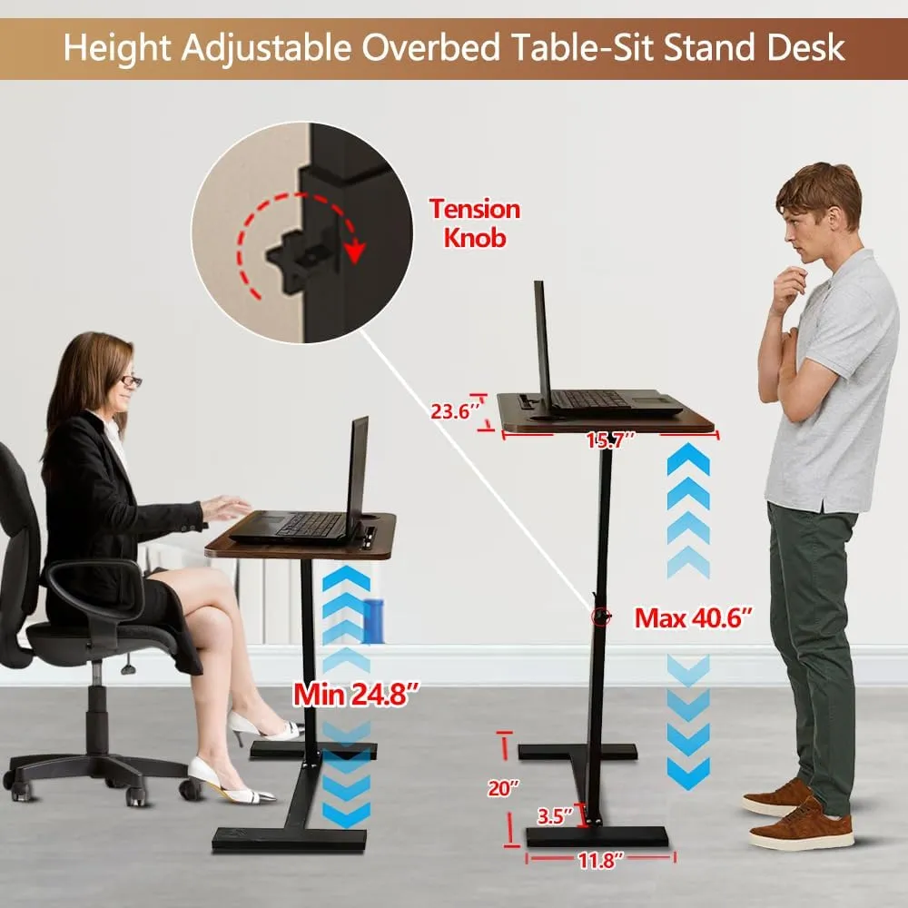 Overbed Table,Hospital Bed Table,Over The Bed Table with Hidden Wheels&Cup Holder,Adjustable Bedside Table and Rolling Bed Table Tray&Laptop Cart,Hospital Table Over Bed for Home Use-Walnut