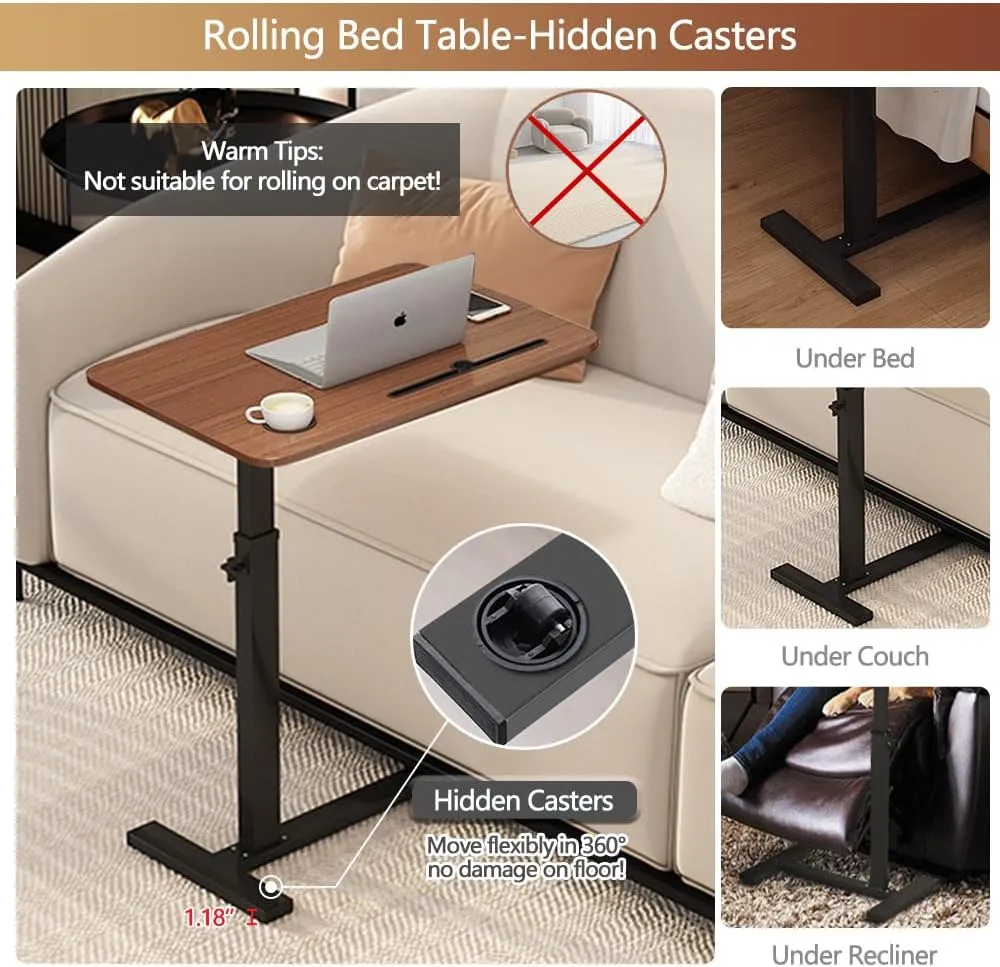 Overbed Table,Hospital Bed Table,Over The Bed Table with Hidden Wheels&Cup Holder,Adjustable Bedside Table and Rolling Bed Table Tray&Laptop Cart,Hospital Table Over Bed for Home Use-Walnut