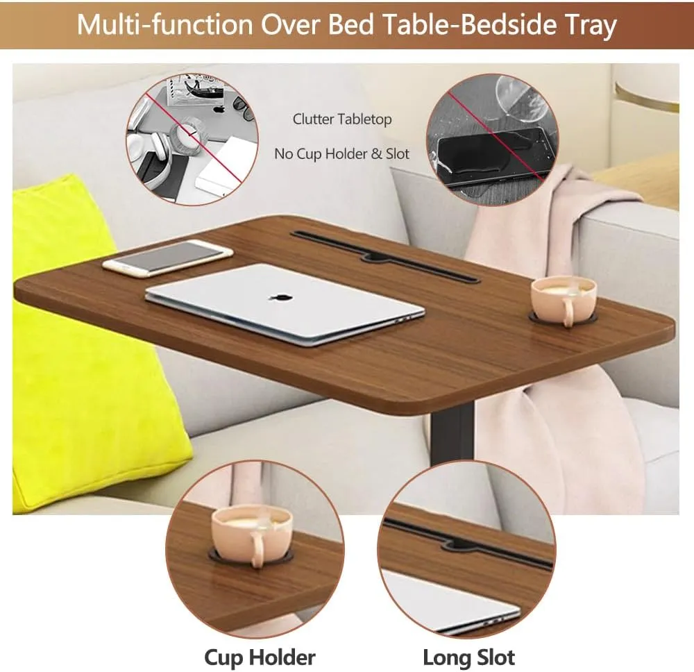 Overbed Table,Hospital Bed Table,Over The Bed Table with Hidden Wheels&Cup Holder,Adjustable Bedside Table and Rolling Bed Table Tray&Laptop Cart,Hospital Table Over Bed for Home Use-Walnut