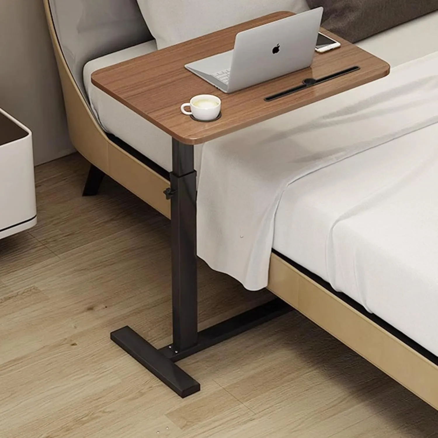 Overbed Table,Hospital Bed Table,Over The Bed Table with Hidden Wheels&Cup Holder,Adjustable Bedside Table and Rolling Bed Table Tray&Laptop Cart,Hospital Table Over Bed for Home Use-Walnut