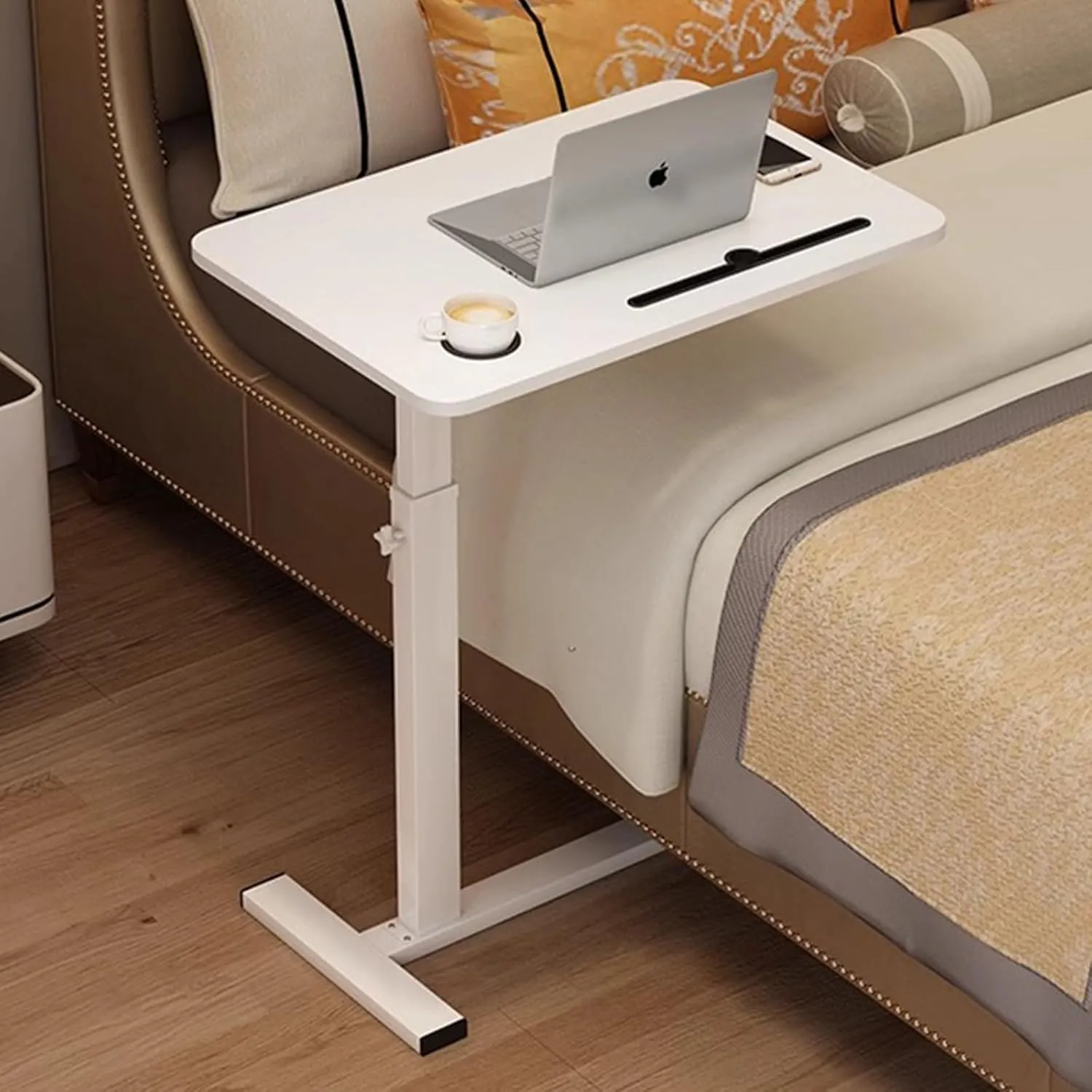 Overbed Table,Hospital Bed Table,Over The Bed Table with Hidden Wheels&Cup Holder,Adjustable Bedside Table and Rolling Bed Table Tray&Laptop Cart,Hospital Table Over Bed for Home Use-White