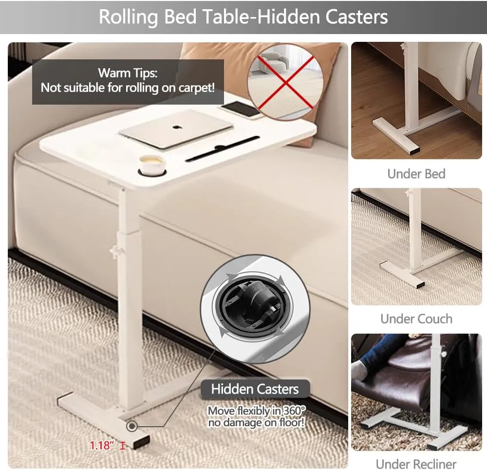 Overbed Table,Hospital Bed Table,Over The Bed Table with Hidden Wheels&Cup Holder,Adjustable Bedside Table and Rolling Bed Table Tray&Laptop Cart,Hospital Table Over Bed for Home Use-White