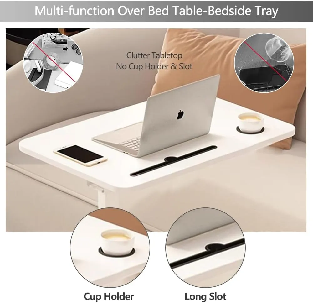 Overbed Table,Hospital Bed Table,Over The Bed Table with Hidden Wheels&Cup Holder,Adjustable Bedside Table and Rolling Bed Table Tray&Laptop Cart,Hospital Table Over Bed for Home Use-White