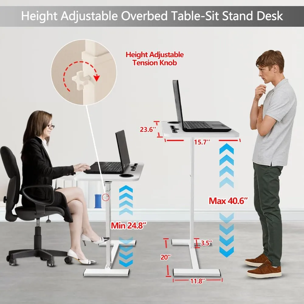 Overbed Table,Hospital Bed Table,Over The Bed Table with Hidden Wheels&Cup Holder,Adjustable Bedside Table and Rolling Bed Table Tray&Laptop Cart,Hospital Table Over Bed for Home Use-White