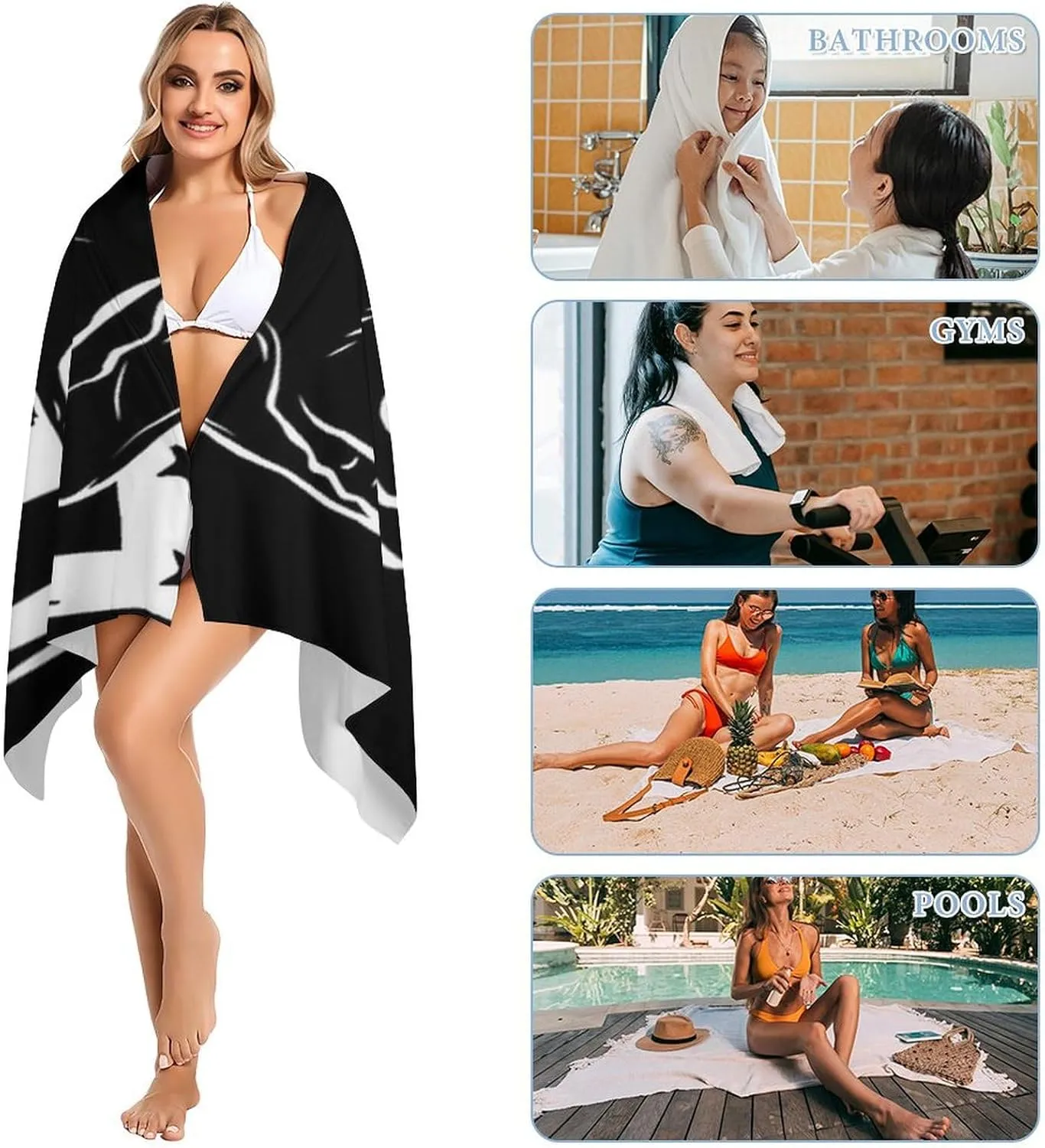 Oversized Soft Bath Towels Pitbull Black and White American Flag for Adult, Quick Dry Travel Beach Towel, Packable Towels with Unique Designs for Swimming, Holiday