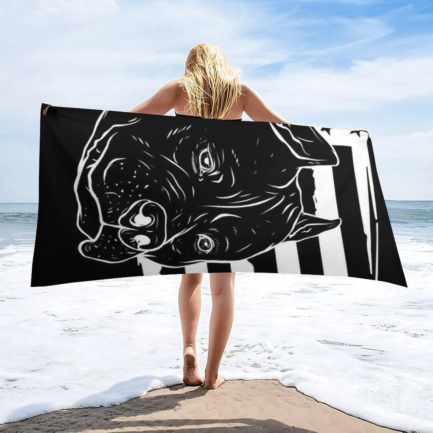 Oversized Soft Bath Towels Pitbull Black and White American Flag for Adult, Quick Dry Travel Beach Towel, Packable Towels with Unique Designs for Swimming, Holiday