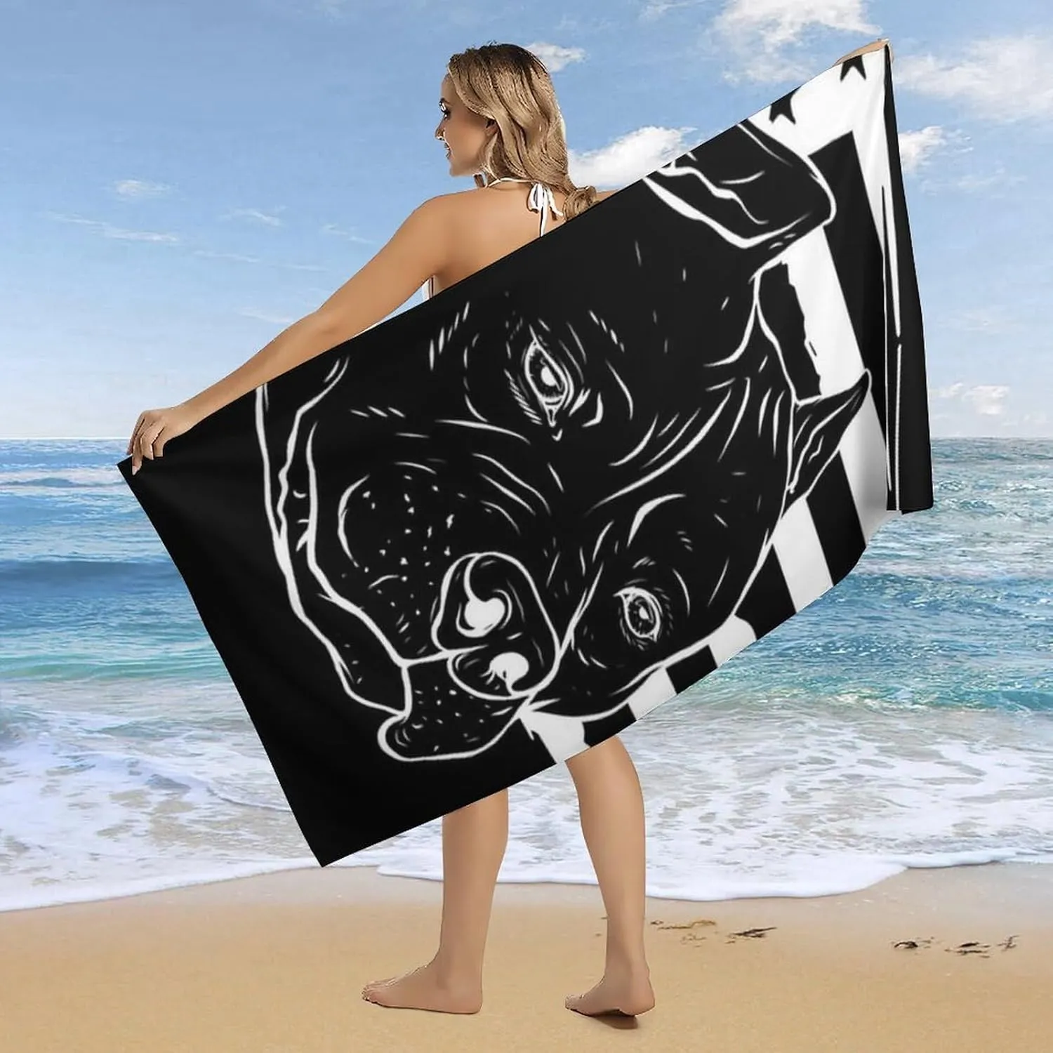 Oversized Soft Bath Towels Pitbull Black and White American Flag for Adult, Quick Dry Travel Beach Towel, Packable Towels with Unique Designs for Swimming, Holiday