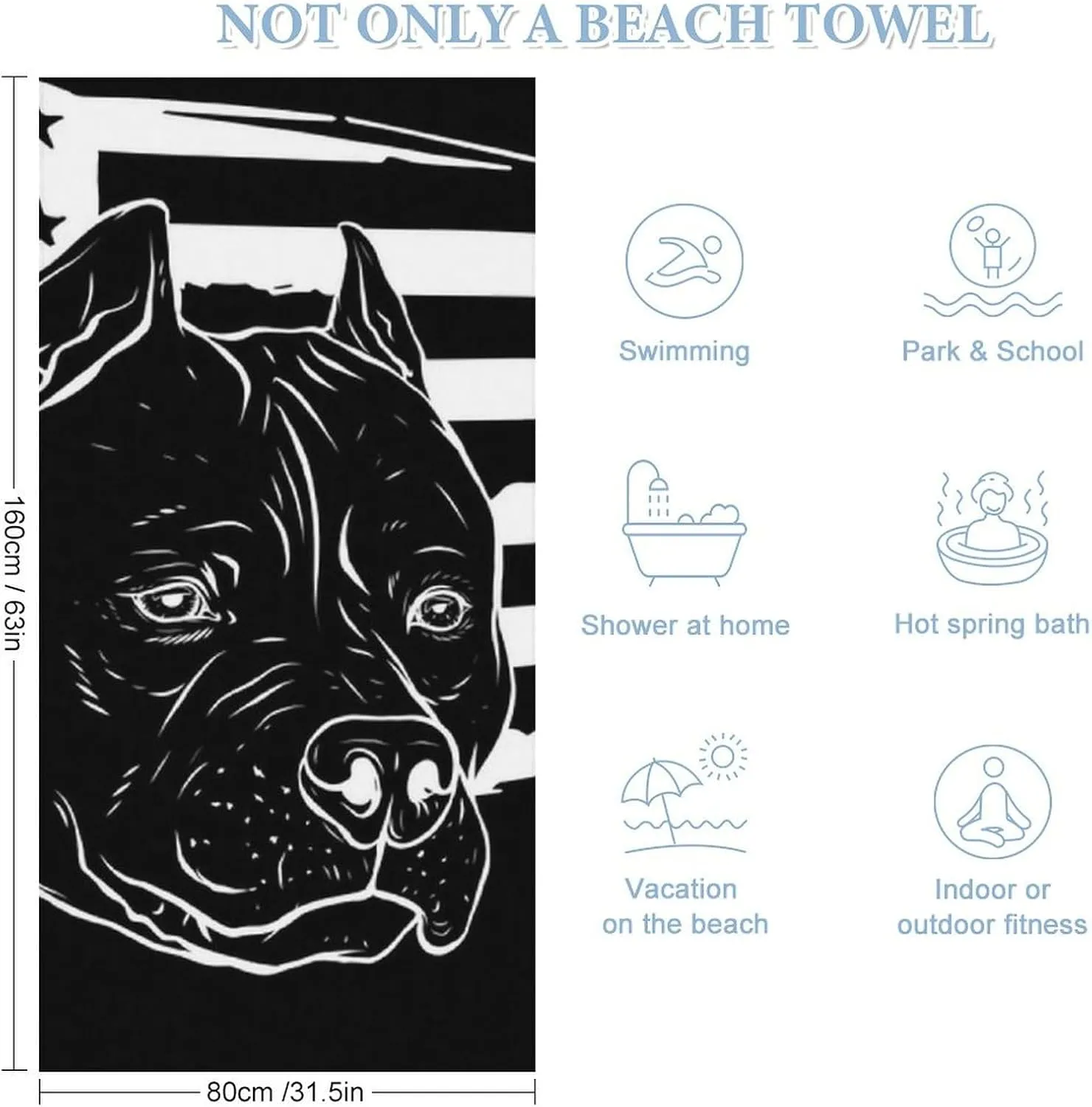 Oversized Soft Bath Towels Pitbull Black and White American Flag for Adult, Quick Dry Travel Beach Towel, Packable Towels with Unique Designs for Swimming, Holiday