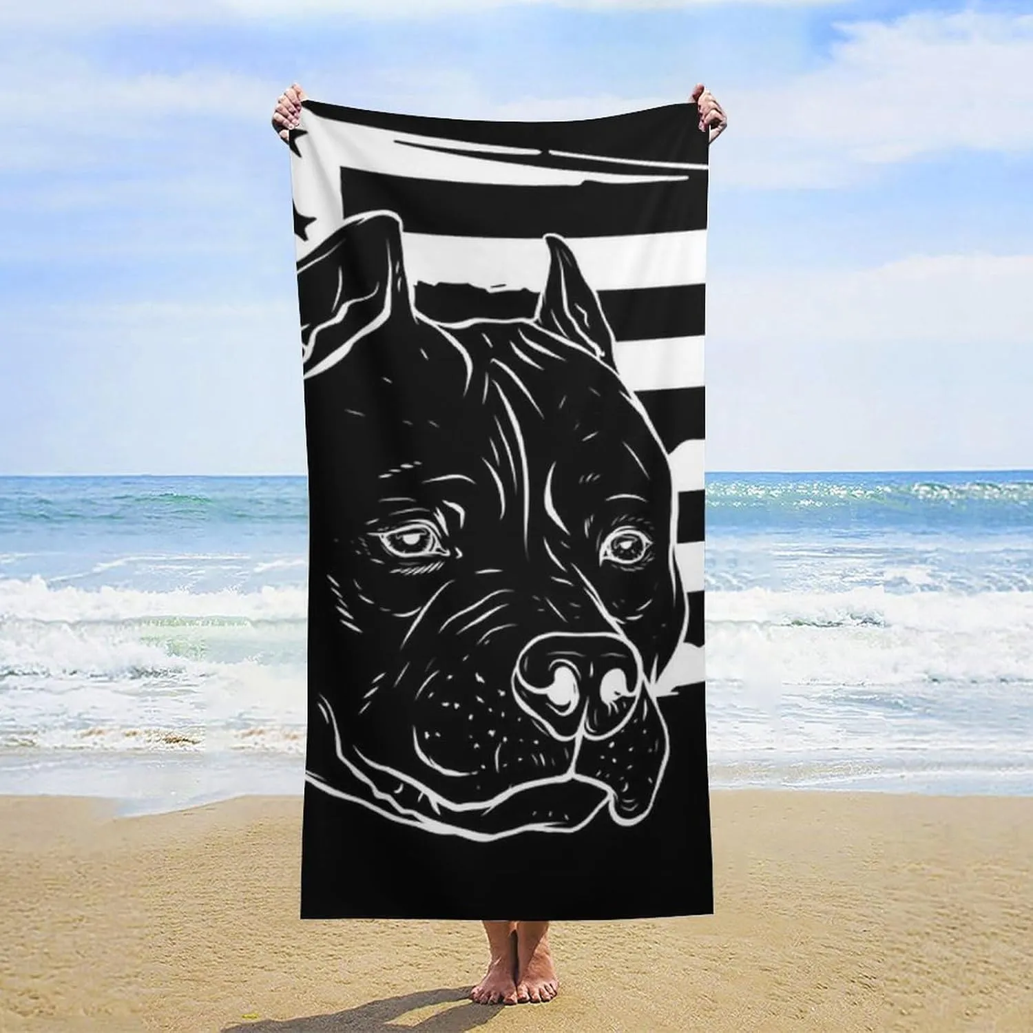 Oversized Soft Bath Towels Pitbull Black and White American Flag for Adult, Quick Dry Travel Beach Towel, Packable Towels with Unique Designs for Swimming, Holiday