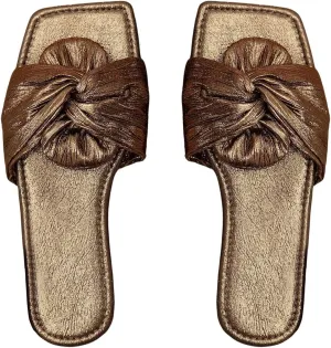 OYOANGLE Women's Metallic Twist Front Open Toe Flat Sandals Fashion Slide Sandals