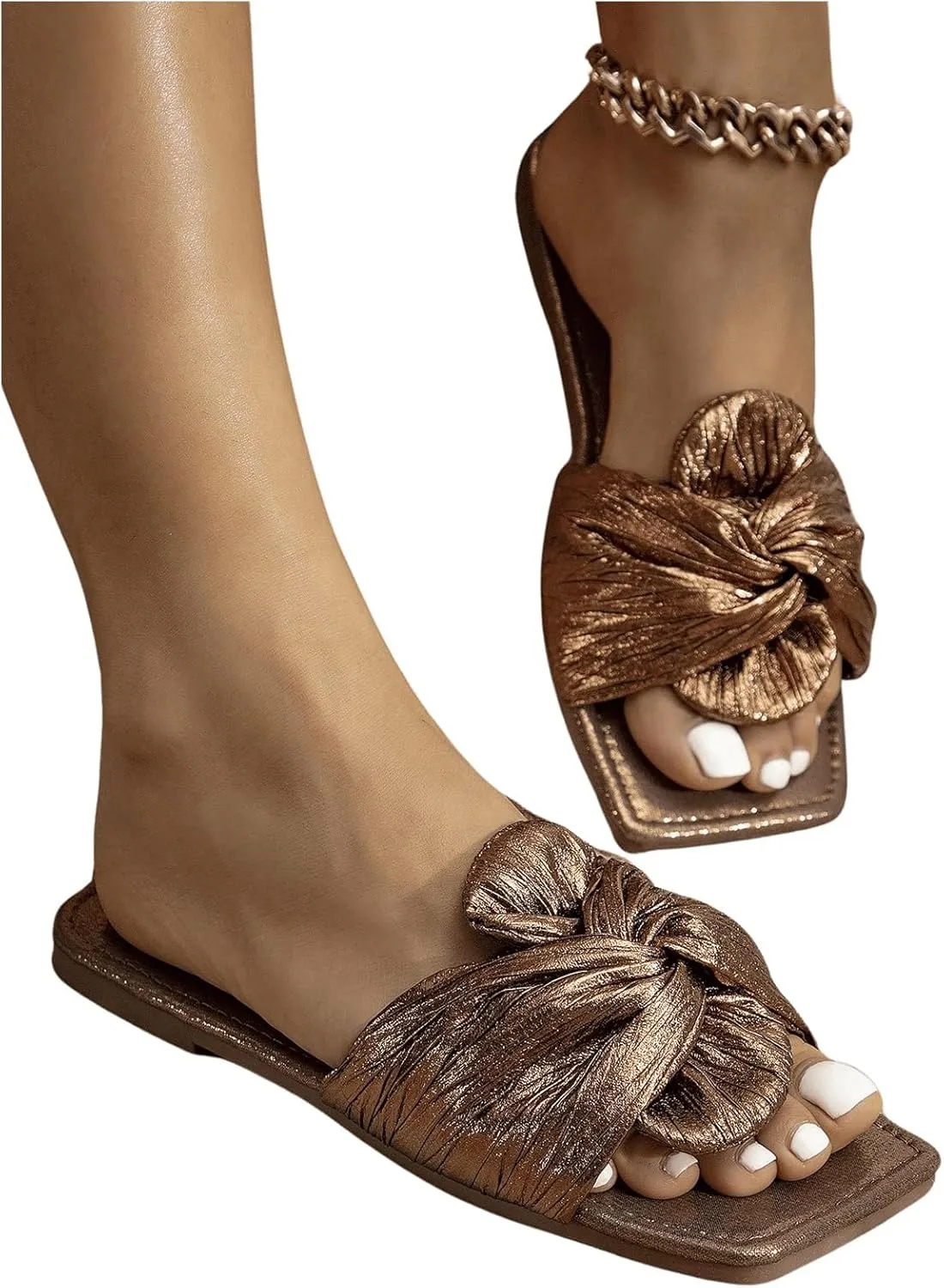 OYOANGLE Women's Metallic Twist Front Open Toe Flat Sandals Fashion Slide Sandals