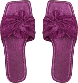 OYOANGLE Women's Metallic Twist Front Open Toe Flat Sandals Fashion Slide Sandals