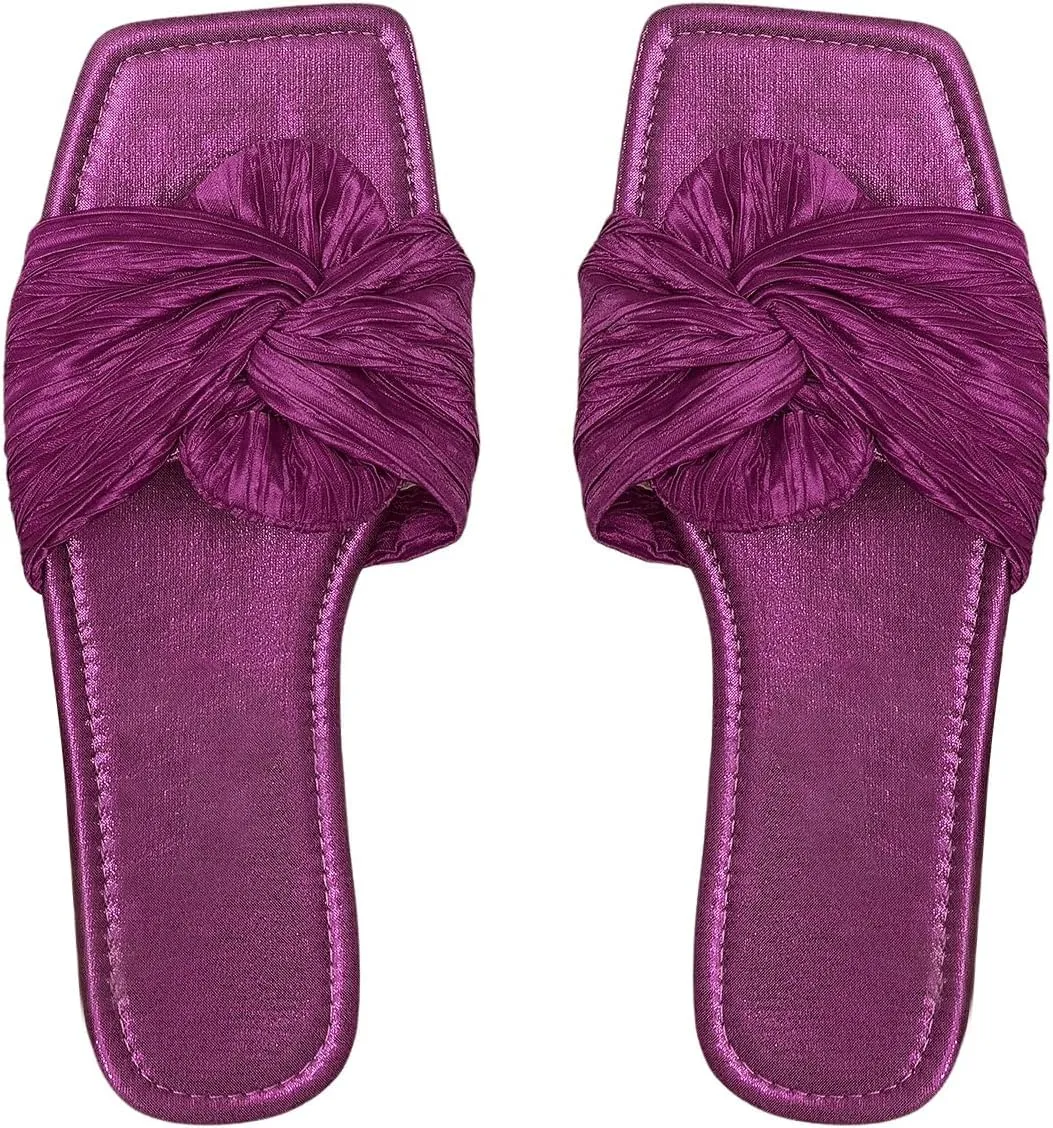 OYOANGLE Women's Metallic Twist Front Open Toe Flat Sandals Fashion Slide Sandals