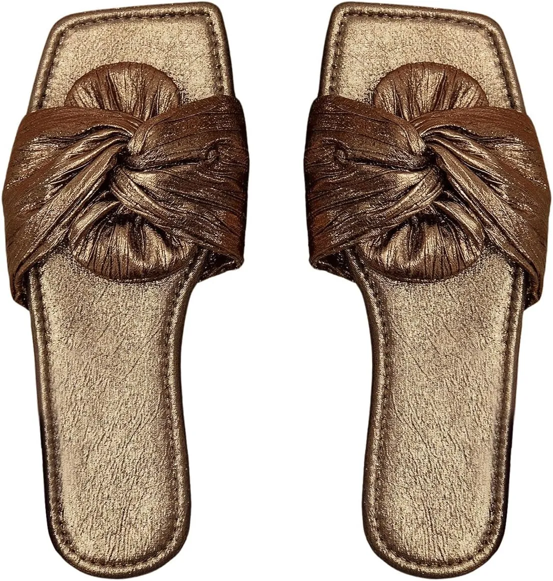 OYOANGLE Women's Metallic Twist Front Open Toe Flat Sandals Fashion Slide Sandals