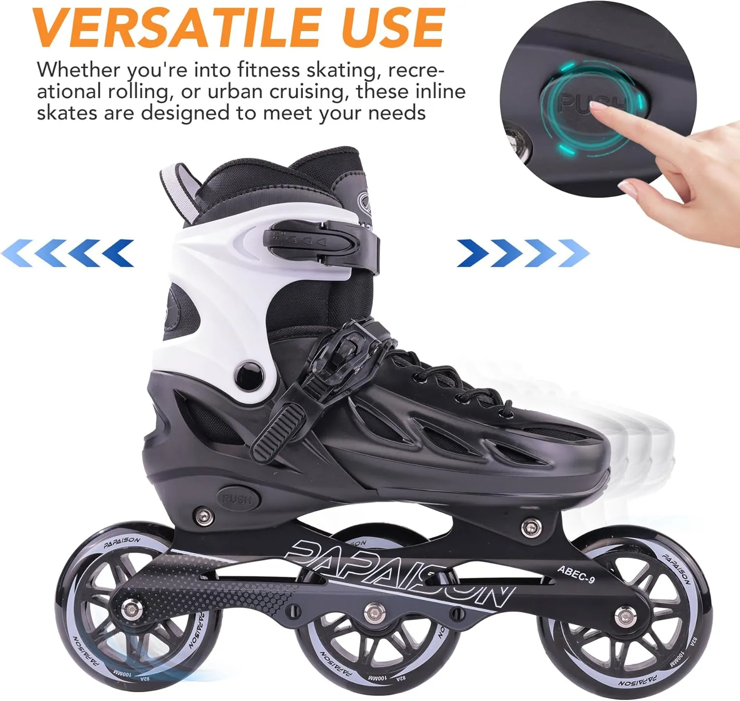 PAPAISON Adult Adjustable Inline Skates for Men Women with 3 100mm Wheels, Outdoor Blades Female Male Fitness Speed Racing Skates, Roller Skates for Teens Boys Girls