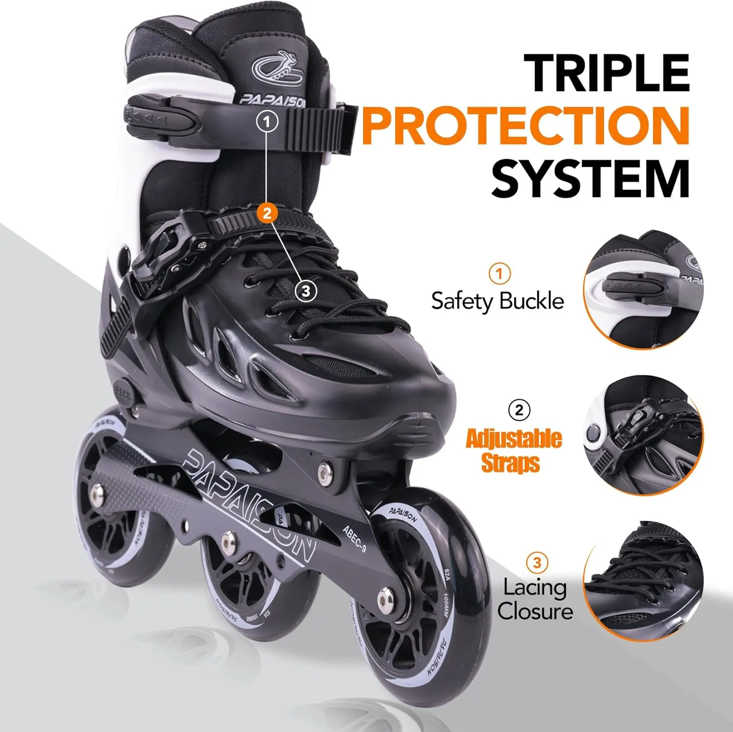 PAPAISON Adult Adjustable Inline Skates for Men Women with 3 100mm Wheels, Outdoor Blades Female Male Fitness Speed Racing Skates, Roller Skates for Teens Boys Girls