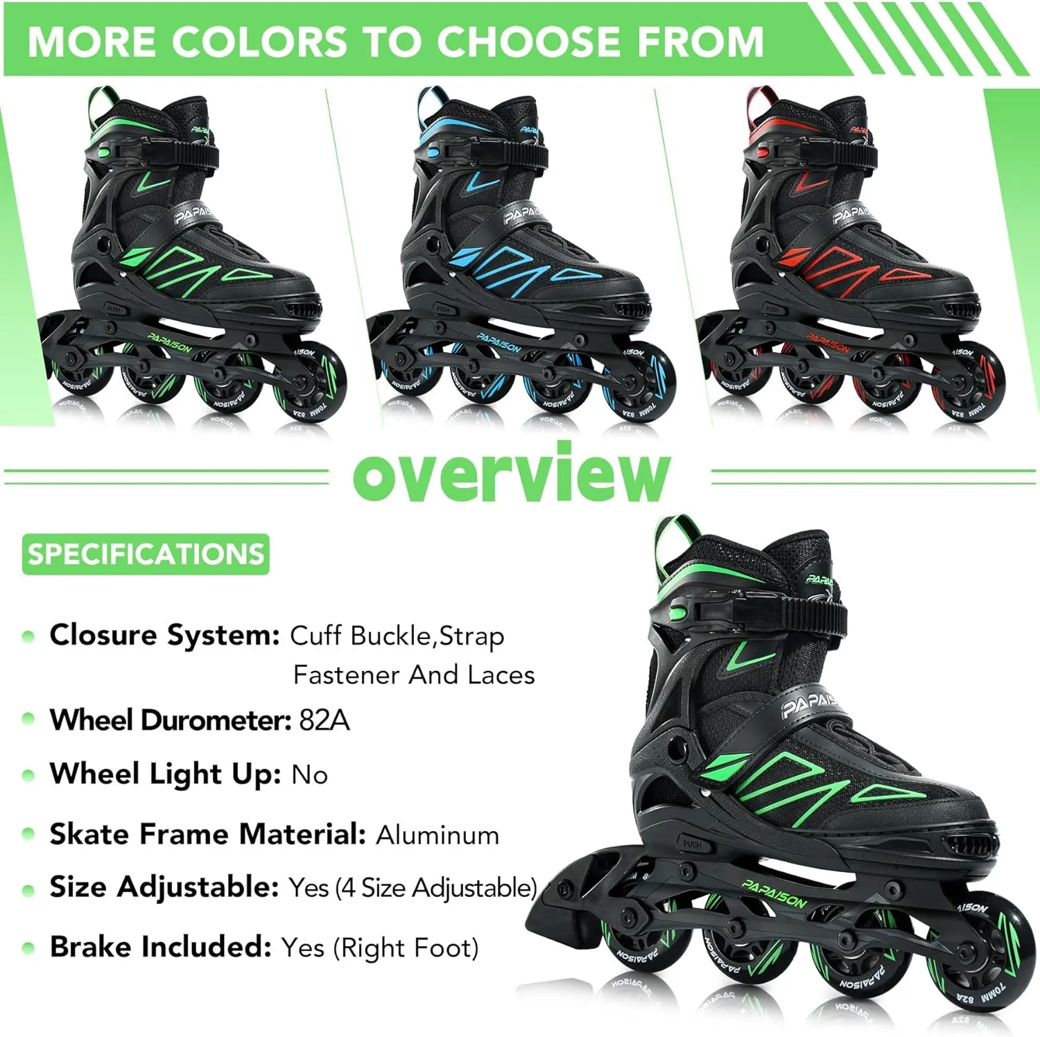 PAPAISON Boys Inline Skates Ages 5-8 8-12, Adjustable Size Beginner Roller Skates Blades for Kids Youth