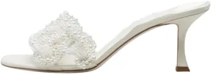 Pearl Embellishments Heeled Mules for Women Open Square Toe Woven Raffia Kitten Heels Braided Backless Slip On Mules heel Sandals Wedding Summer Shoe